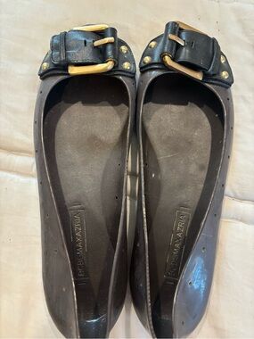 BCBG Dark Brown Jelly Ballet Flats with Black & Gold Buckle Accents